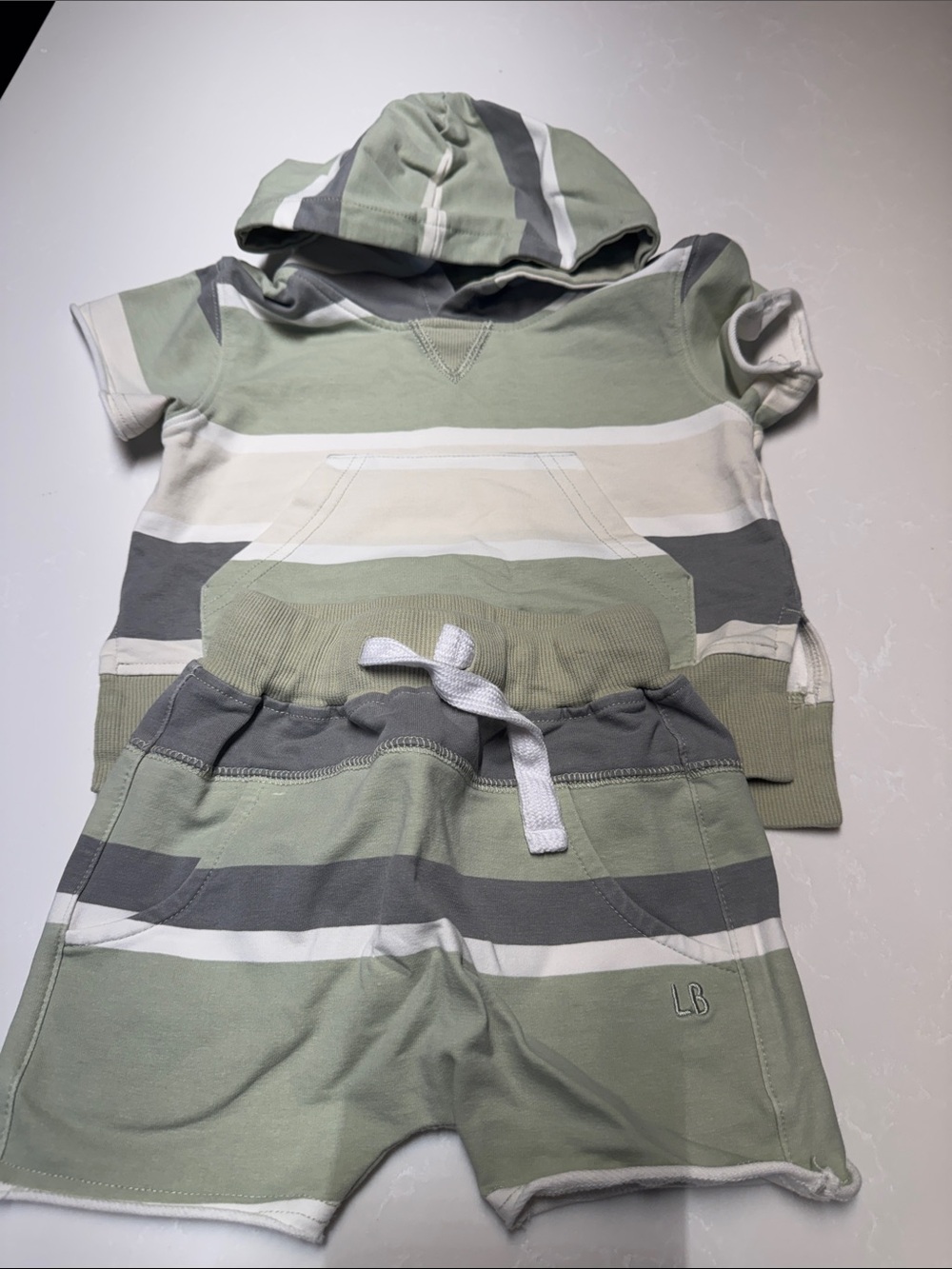 Little Bipsy Sage, Gray & White Striped Hooded Pajama Set